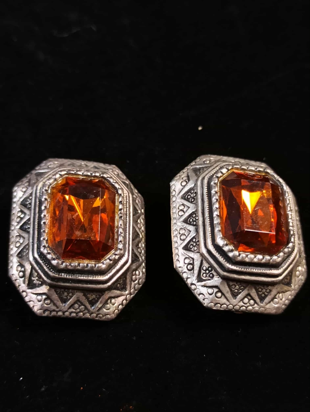 Vintage 80’s Amber Faceted Glass Statement Earrings Silver Tone Heavy Art Deco - Picture 8 of 11